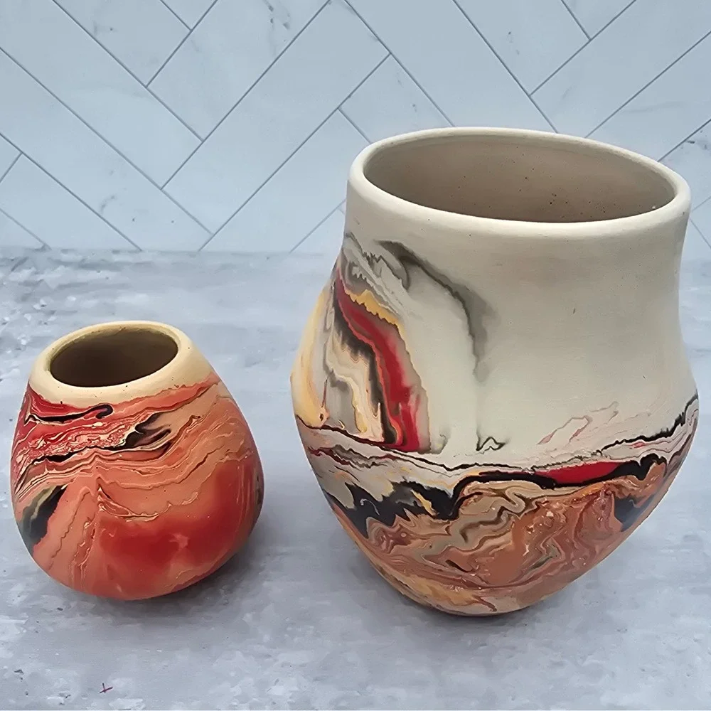 Nemadji Native American Clay Pottery Marbled Swirl Vases Set of 2 Red Orange Tan